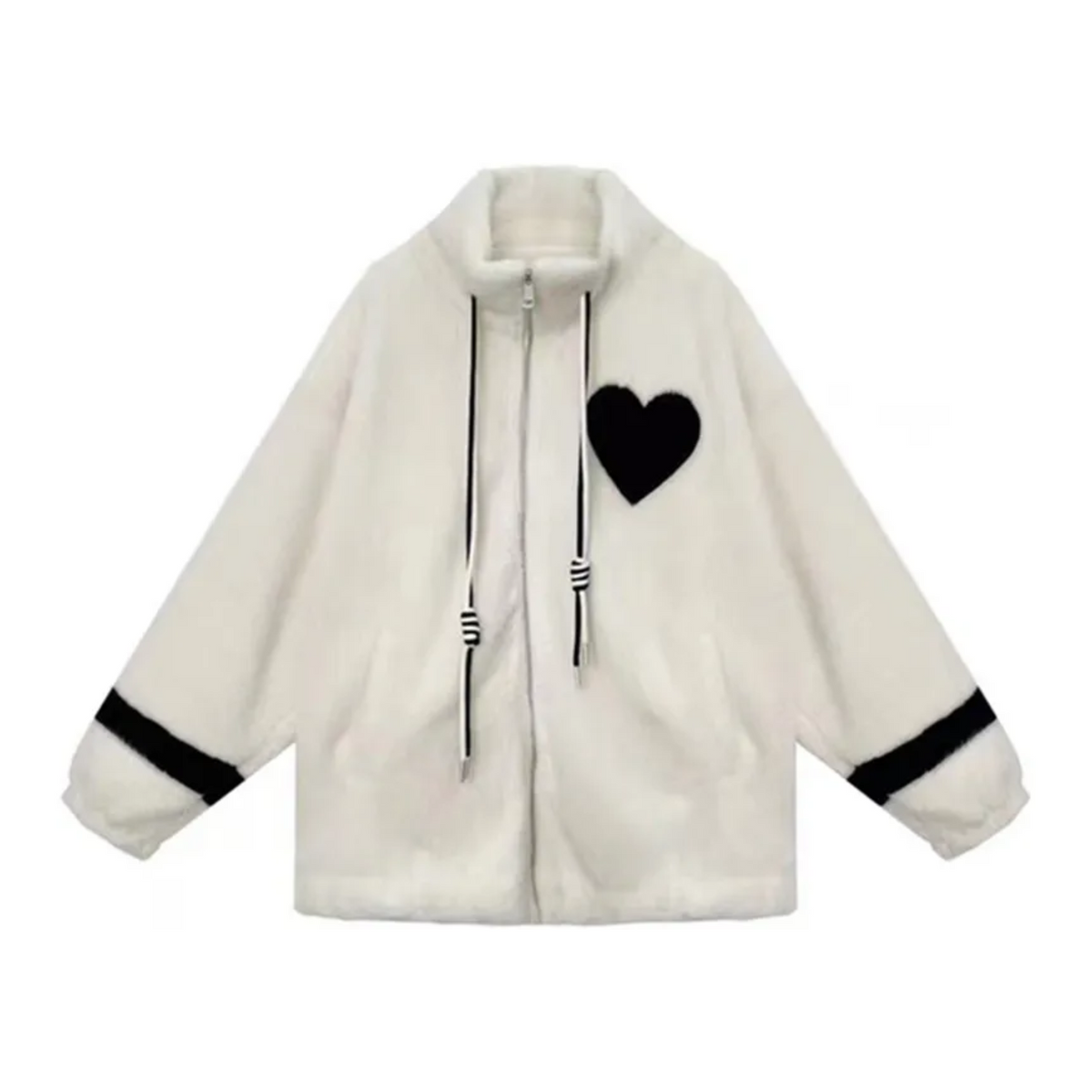 Contrast Heart Drawstring Woolen Jacket