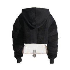 Spliced Woolen Hooded Cropped Sweatshirt