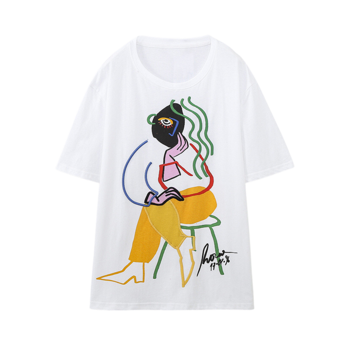 Abstract Sitting Woman Appliqué T-Shirt