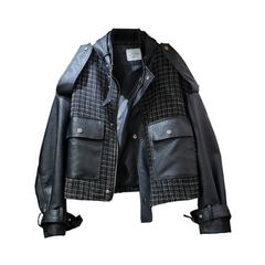 Plaid Spliced Vegan Leather Jacket