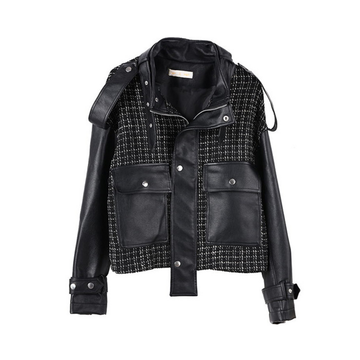 Plaid Spliced Vegan Leather Jacket