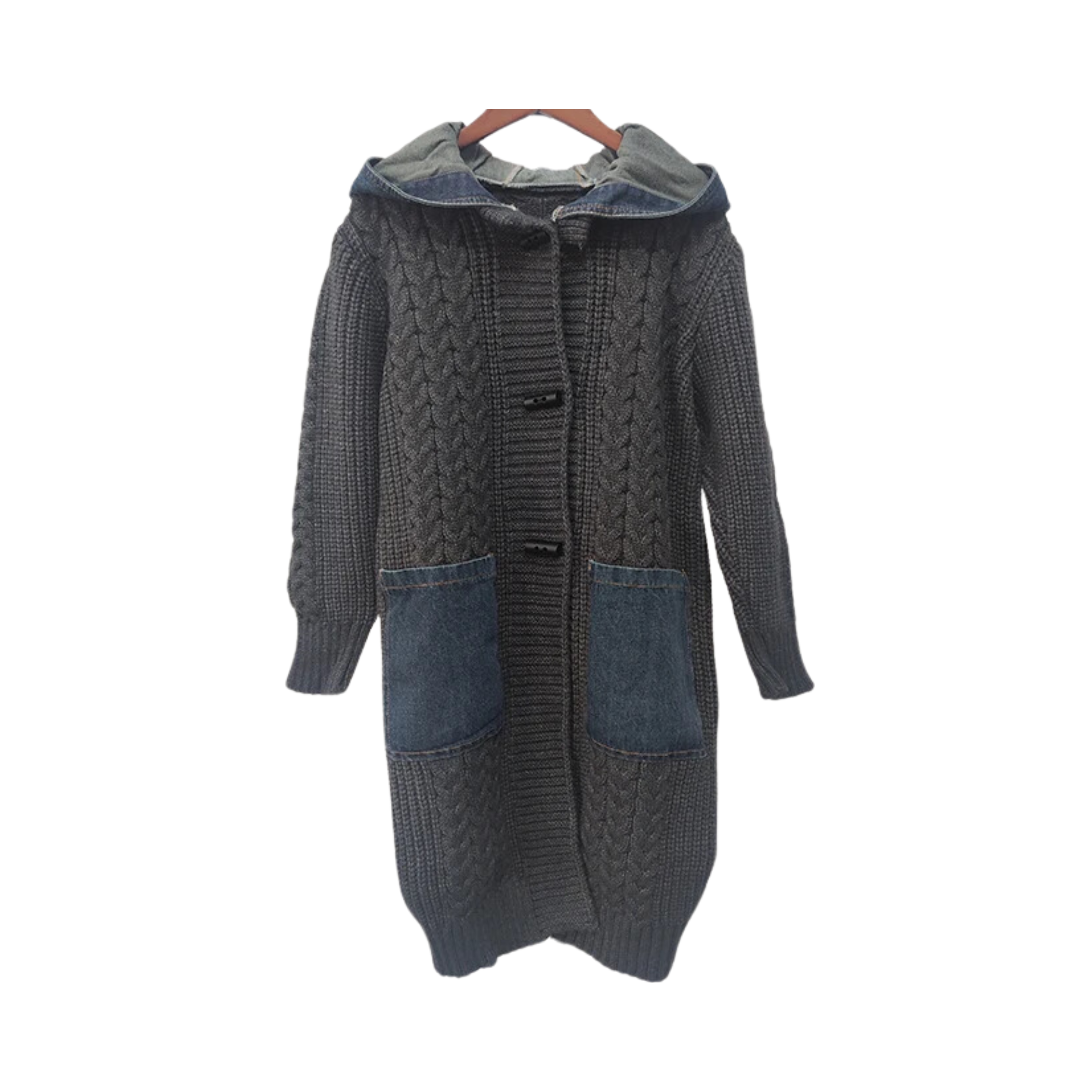 Denim Hood Pockets Knitted Coat