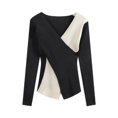 Two-Tone Cross Front Knitted Top