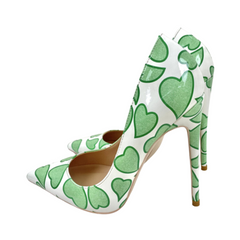 Green Heart Patent Leather Pointed-Toe Shoes