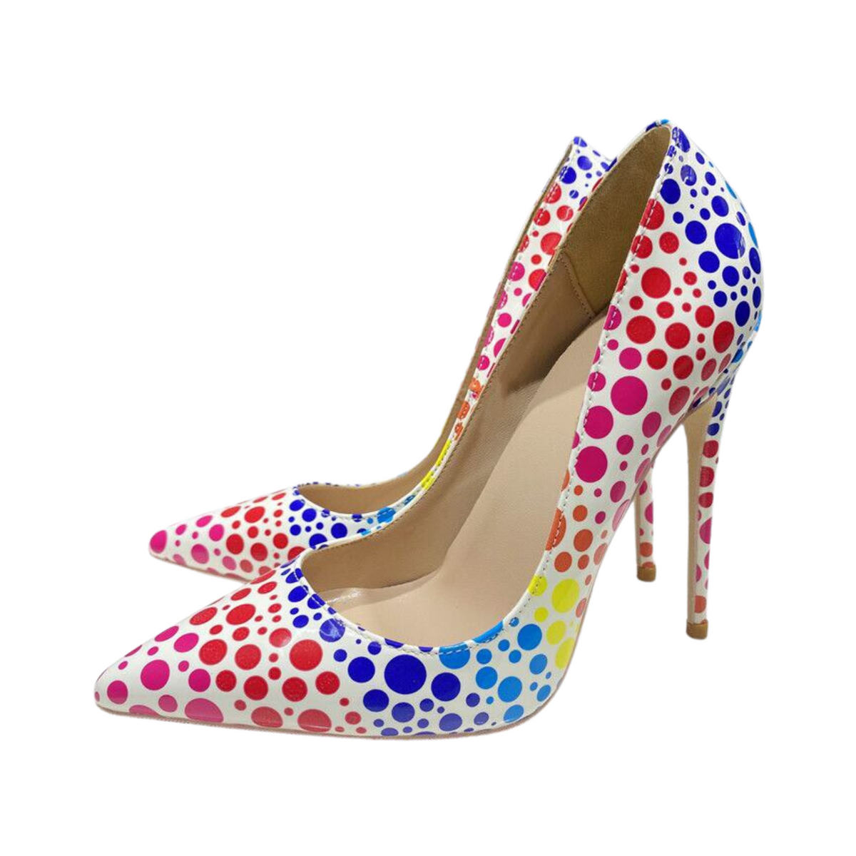 Multicolor Polka-Dots Printed Patent Pointed-Toe Shoes