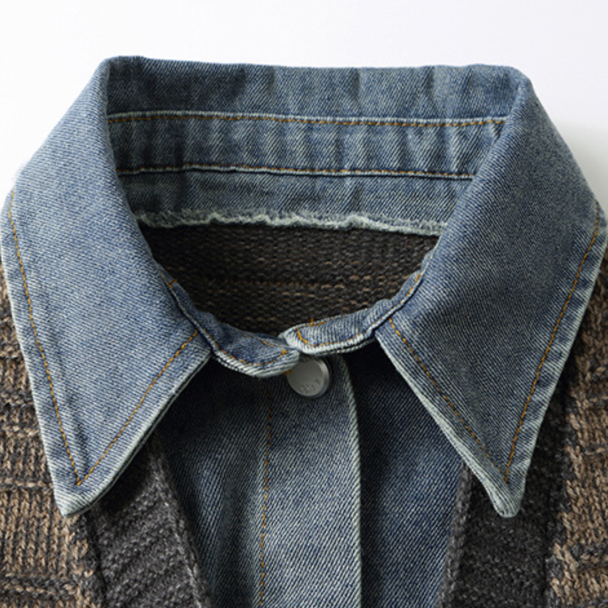 Brown Knitted Patchwork Denim Cardigan Sweater