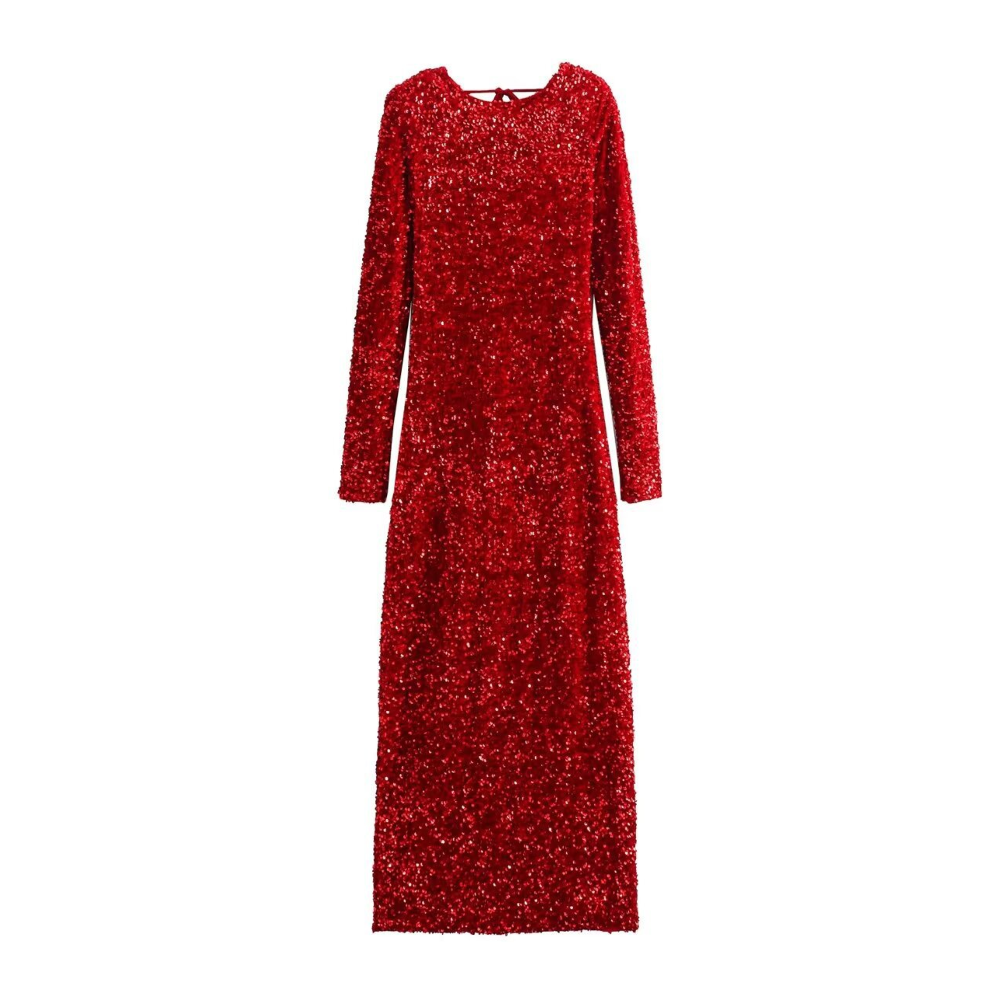 Sequined O-Neck Padded Mid-Back Midi Dress