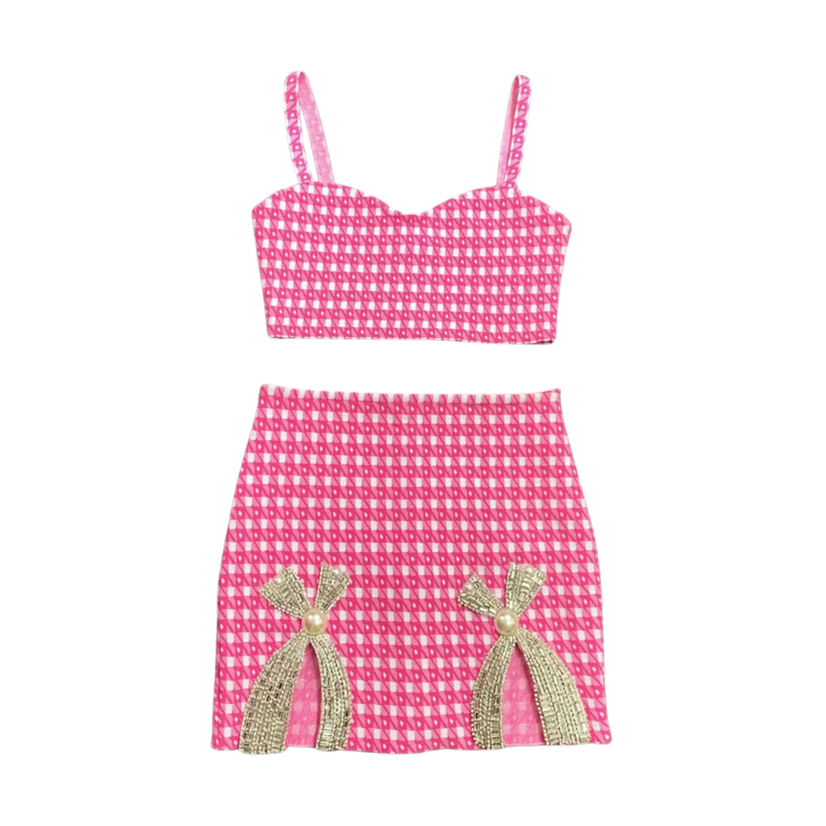 Checkered Cropped Top Beaded Rhinestones Mini Skirt Set