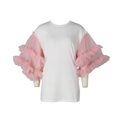 Colorblocking Mesh Puff Sleeves T-Shirt