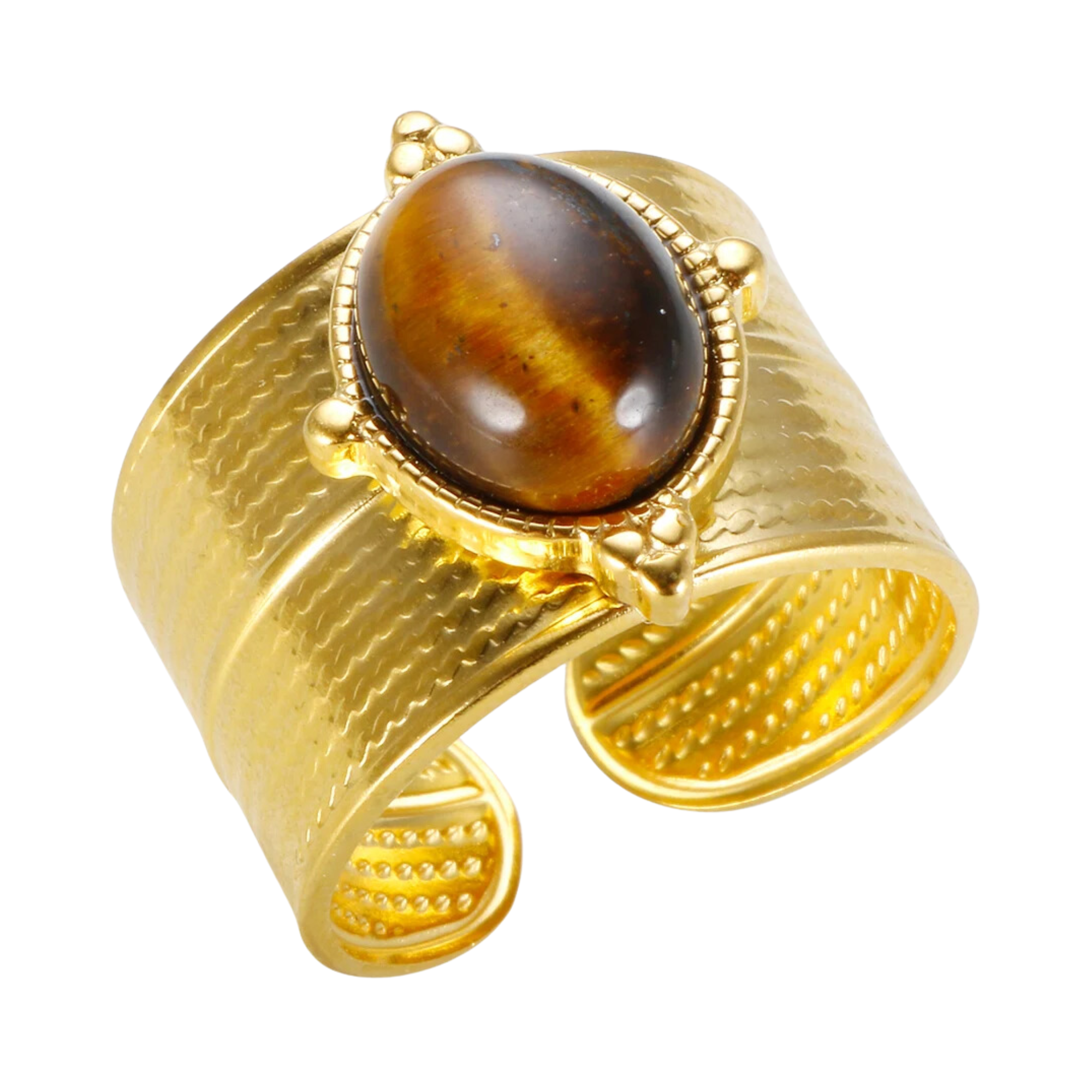 Retro Gold-Plated Tiger Eye Marble C-Shaped Open Ring