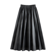 A-line Faux Leather Pleated Long Skirt