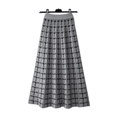 Houndstooth Knitted Plaid Midi Skirt