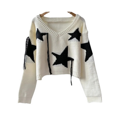Stars Pattern V-Neck Knitted Sweater