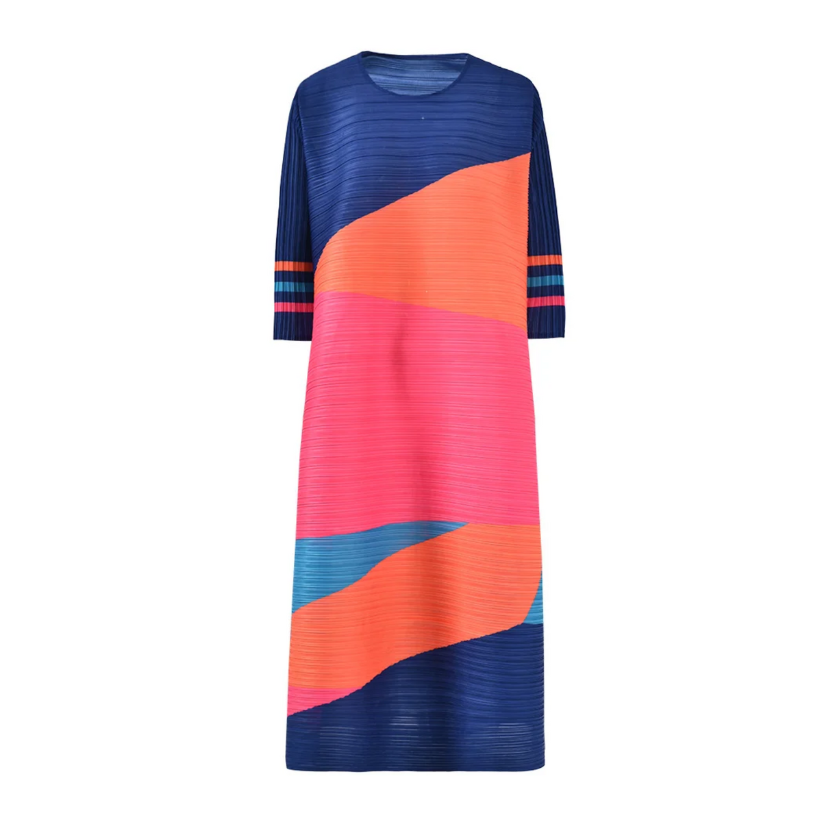 O-Neck Colorblock Printed Pleated Dress