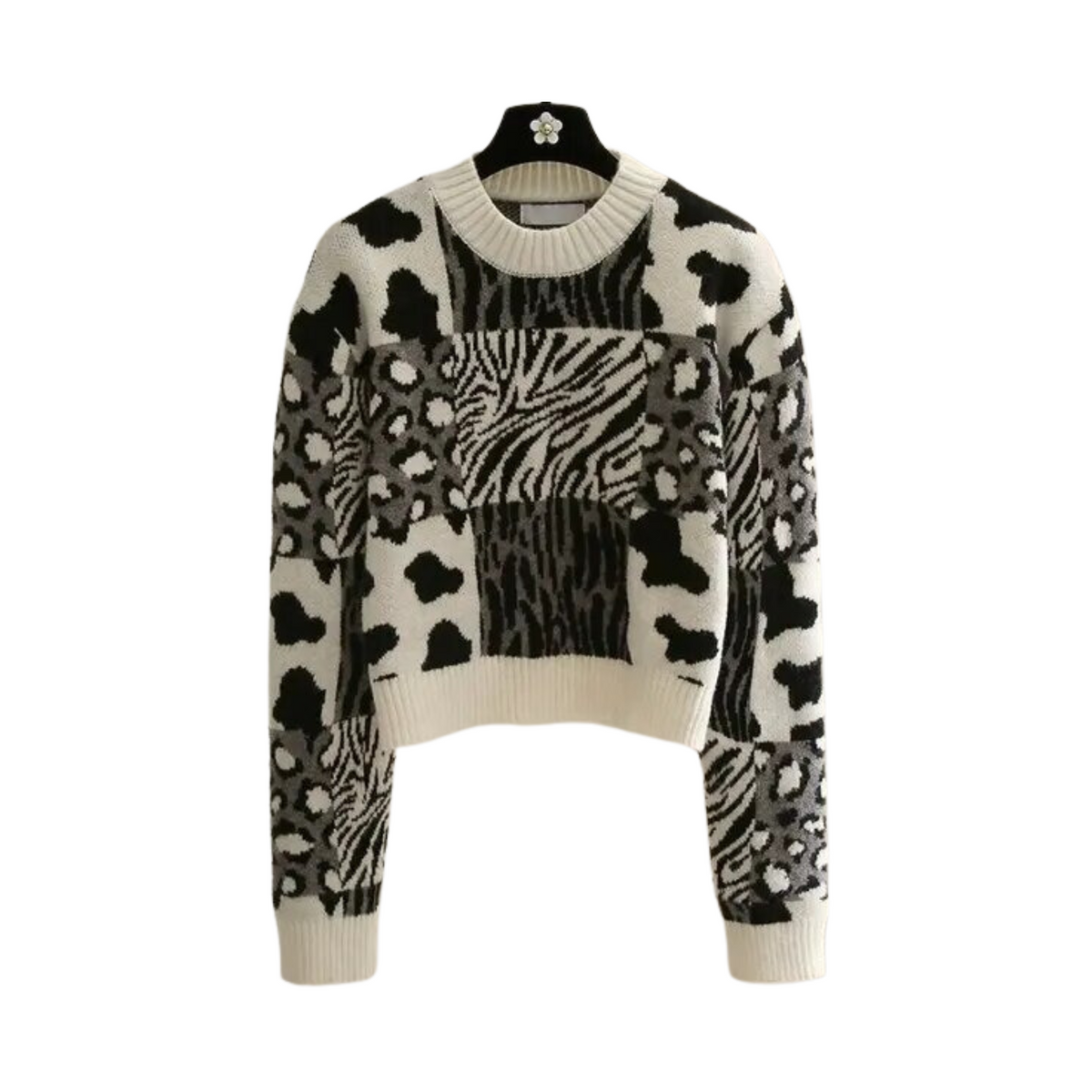 Crew Neck Knitted Animal Printed Sweater