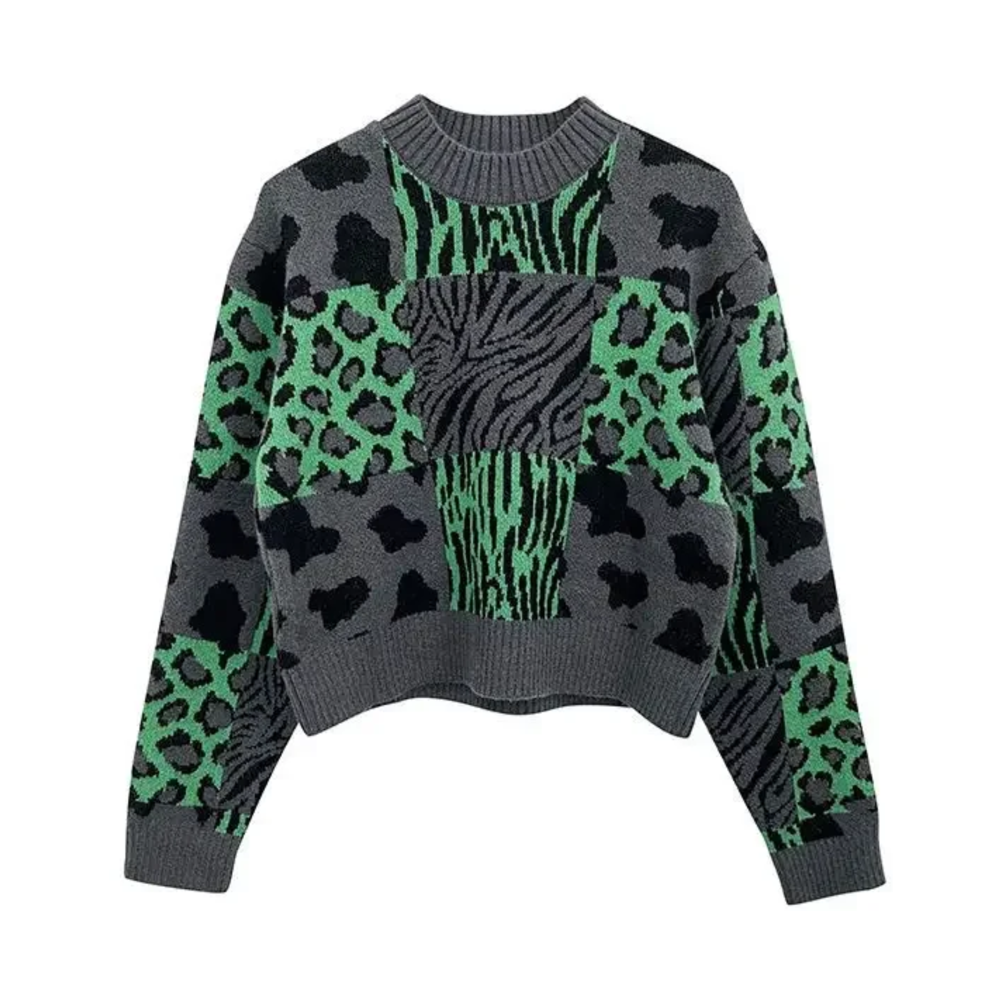 Crew Neck Knitted Animal Printed Sweater