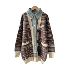 Spliced Denim Cardigan Sweater