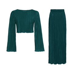 Green Pleated Ruffled Crop Top Set