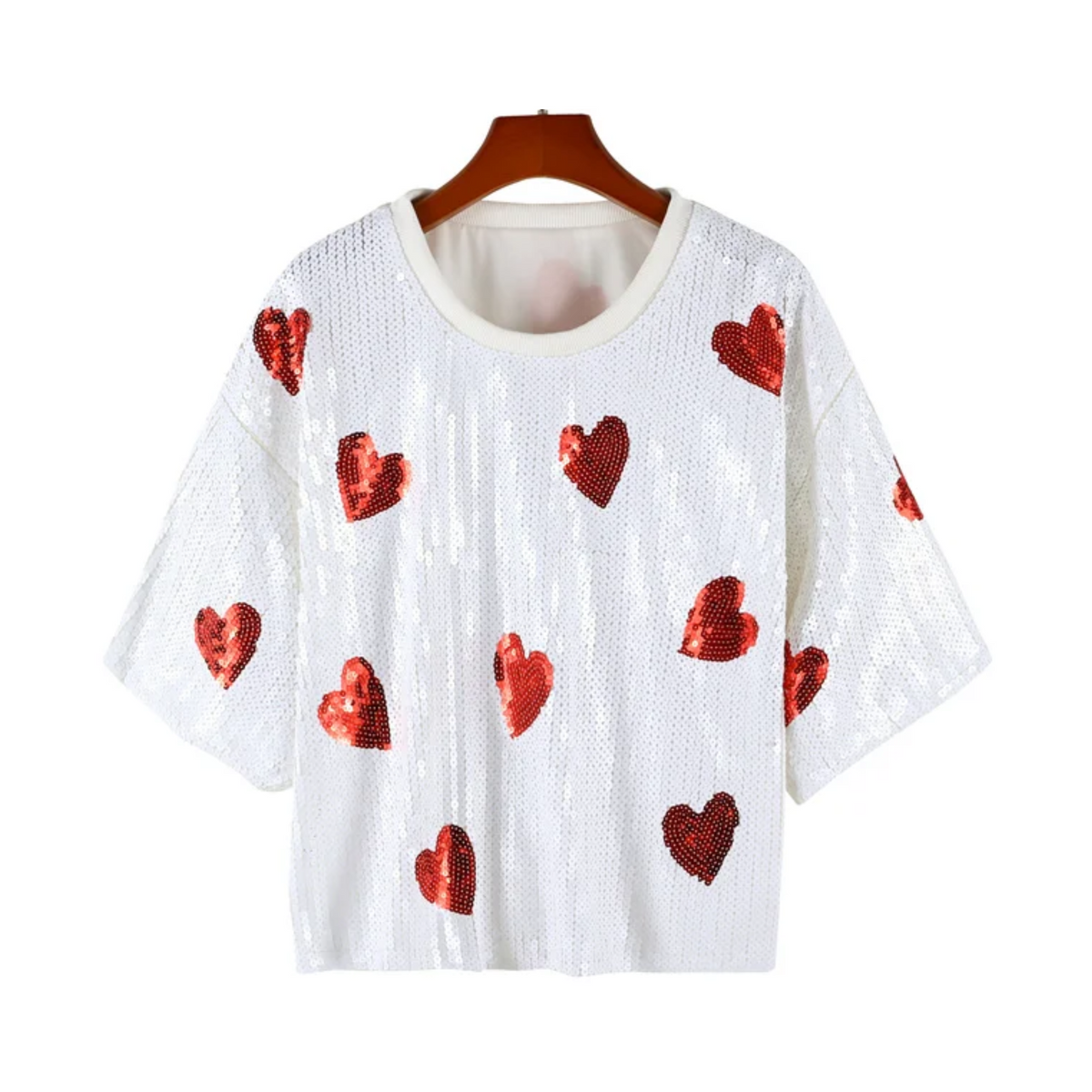 White Hearts Sequined Round Neck Top