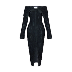 Off-Shoulder Pleated Ruffle Maxi Dress
