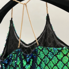 Green Sequined Chain Strap Dress