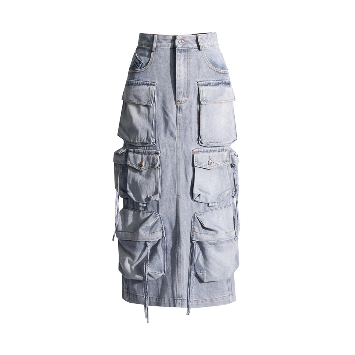 Denim Patchwork Pockets Back-Slit Skirt