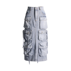 Denim Patchwork Pockets Back-Slit Skirt