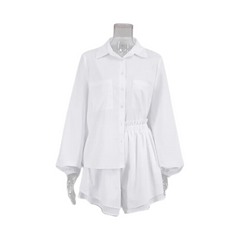 Single-Breasted Lantern Sleeve Ruffled Set