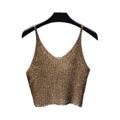 Sequined Knitted Hollow-Out Cropped Top