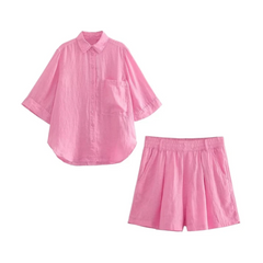 Cotton Linen Shirt+Shorts Set