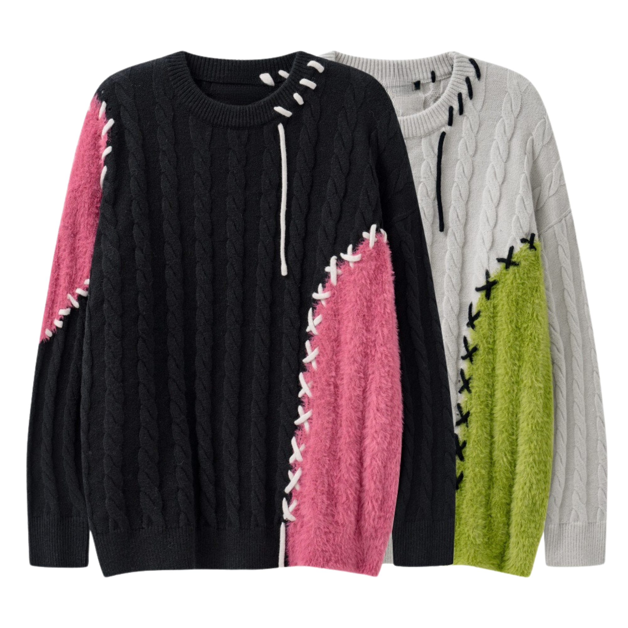 Contrast Topstitch Patchwork Knit Sweater