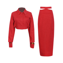 Cutout Cuffs Shirt+Slim Skirt Set
