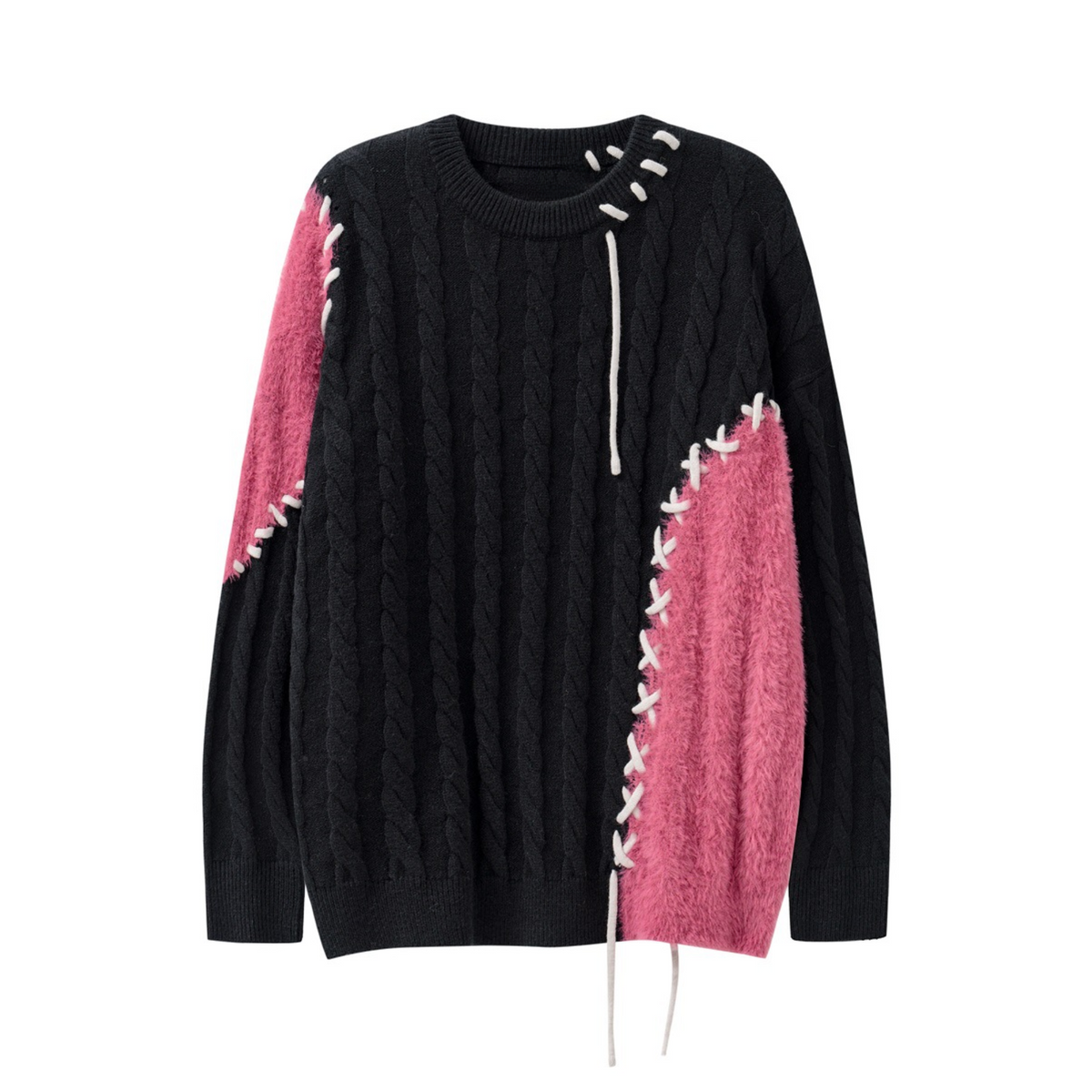 Contrast Topstitch Patchwork Knit Sweater