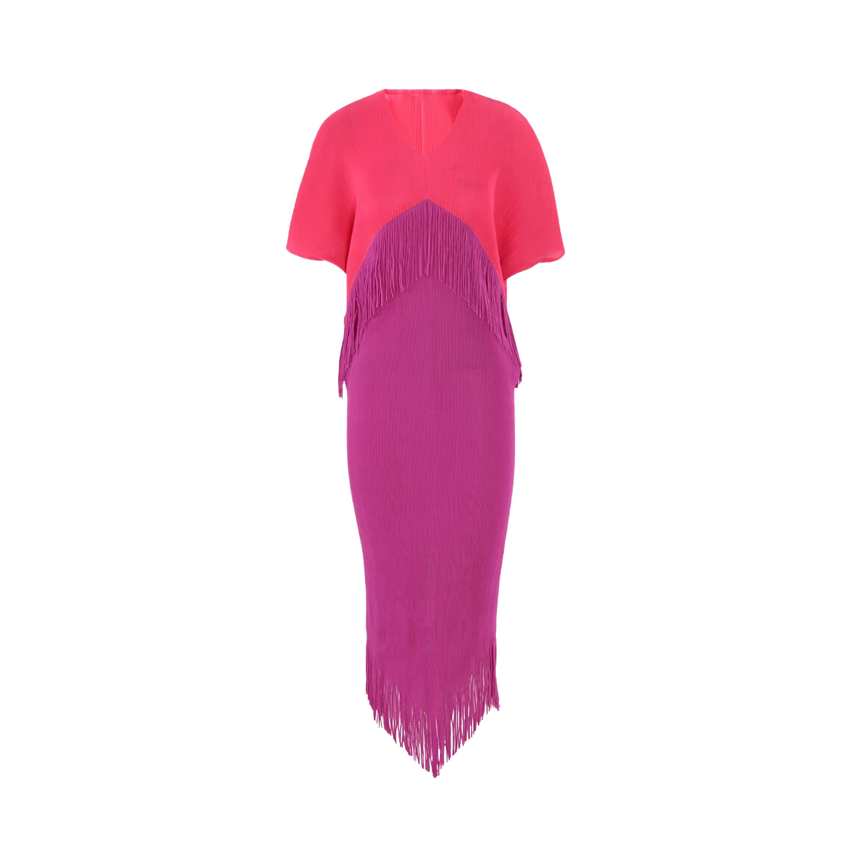 Pleated Two-Tone Fringe Midi Dress