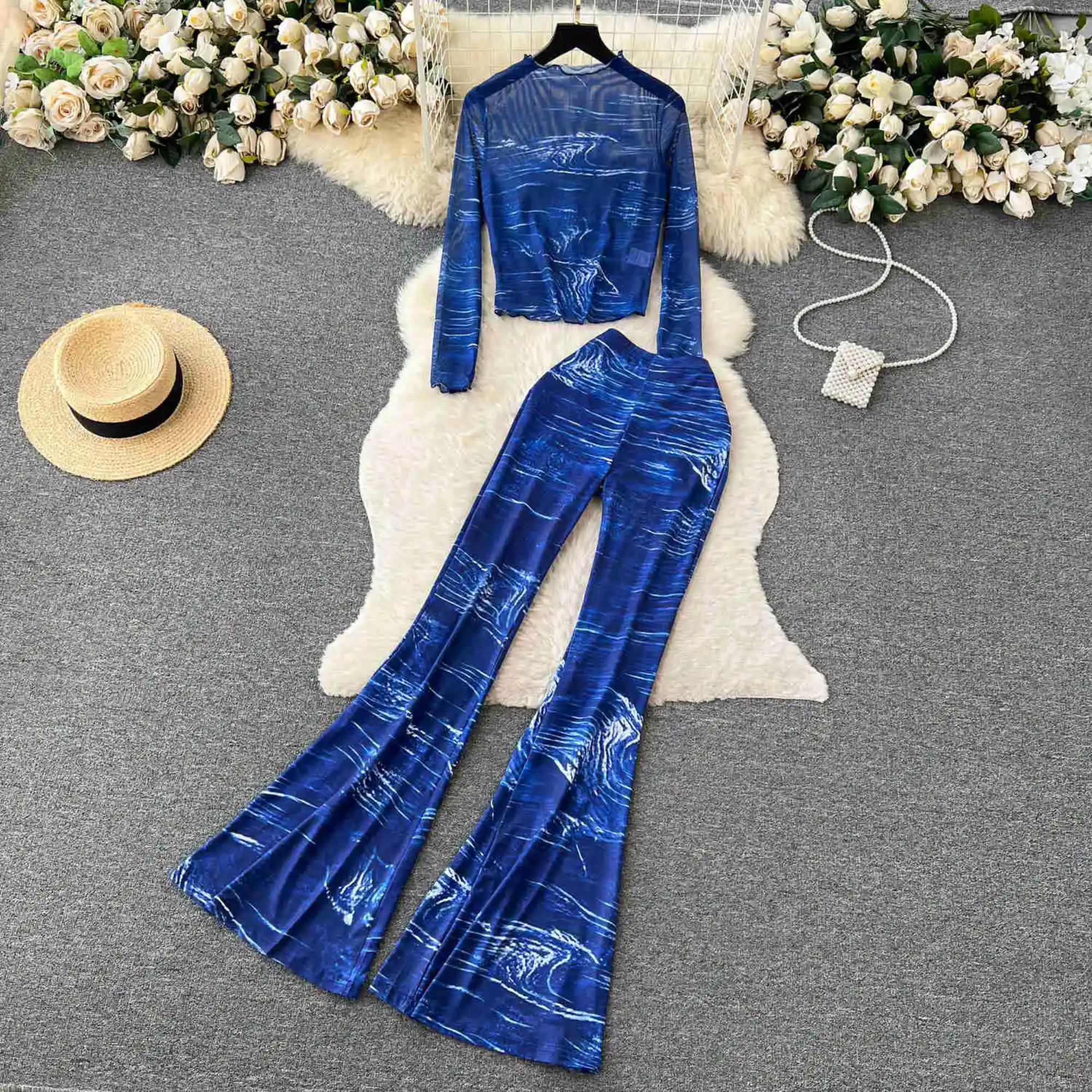 Sheer Top+Flare Pants Set
