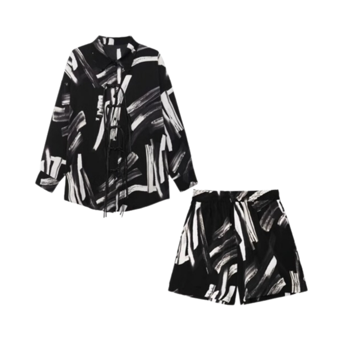Monochrome Tasseled Shirt+Shorts Set