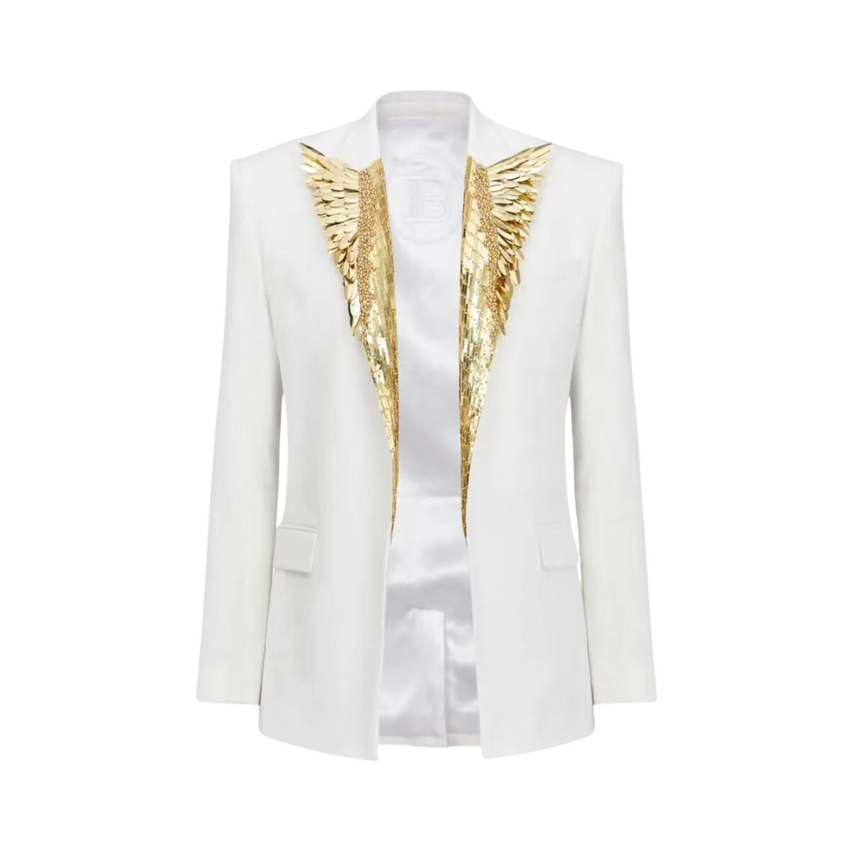 Metallic Feather Beaded Lapel Blazer