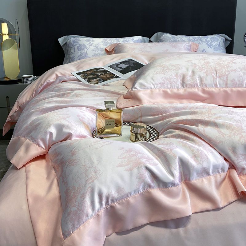 High-end 100s Tencel four-piece set ice silk summer silky ins style quilt cover light luxury bed sheet 1.8m bed sheet