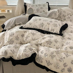 Cotton French retro bedding set four-piece set pure cotton Hepburn style bedding three-piece set black and white lace quilt cover