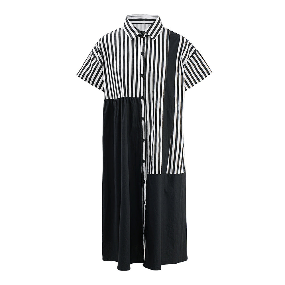 Striped Patchwork Loose Single Breasted Casual Dress