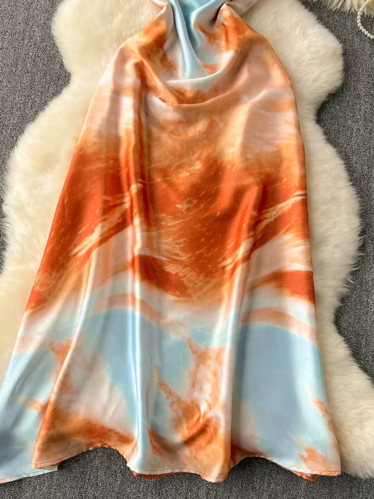 Orange Tie-Dye Cross Backless Side Zipper Midi Dress