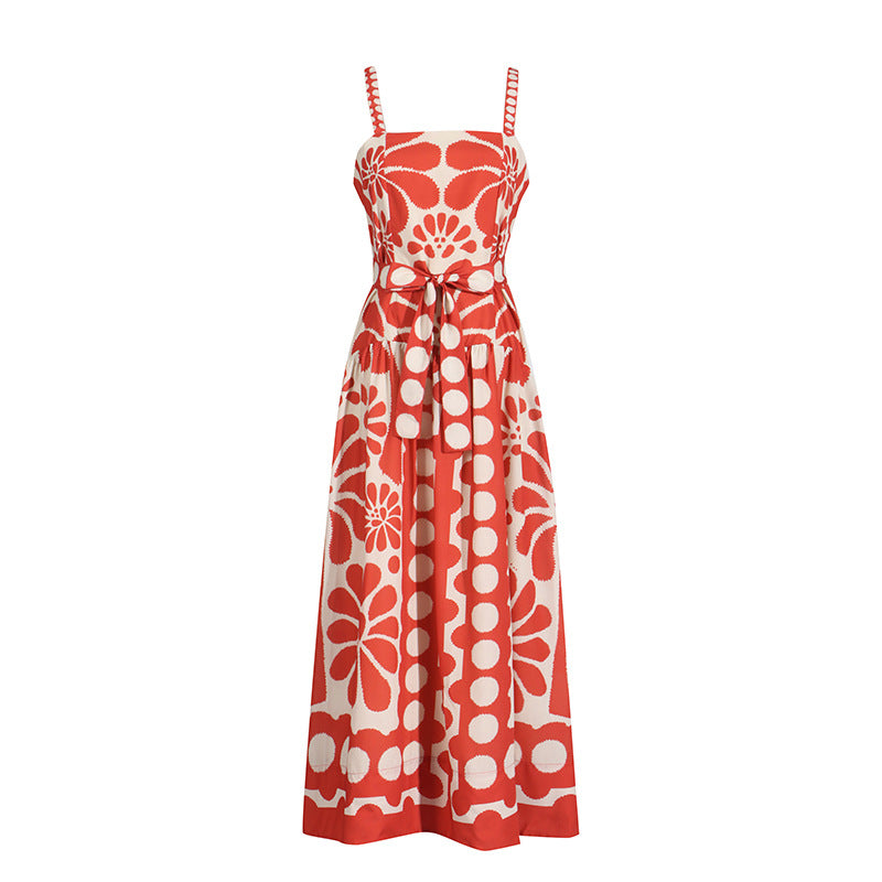 Red Print A-Line Midi Dress