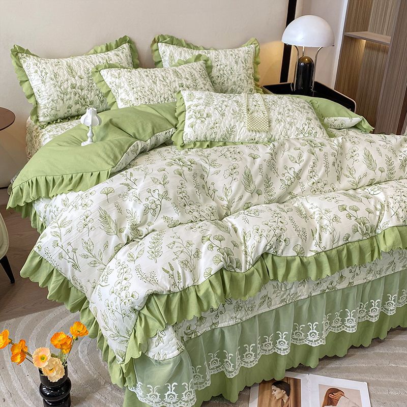 Class A mother and baby grade double-layer yarn washed cotton and linen three-piece set rural dormitory home bedding quilt cover bed sheet four-piece set