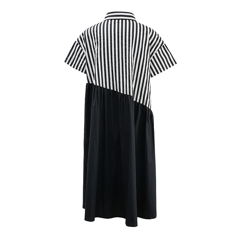 Striped Patchwork Loose Single Breasted Casual Dress