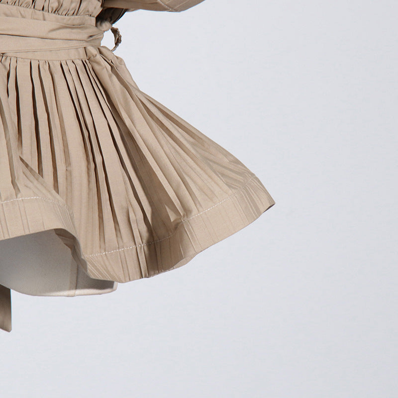 Khaki V-Neck Pleated Sleeveless Top
