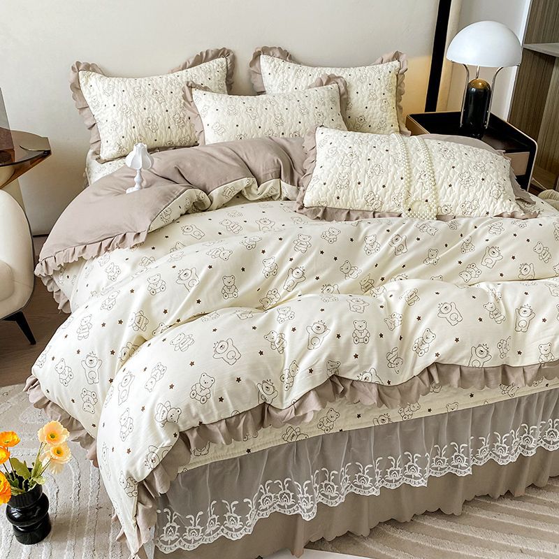 Class A mother and baby grade double-layer yarn washed cotton and linen three-piece set rural dormitory home bedding quilt cover bed sheet four-piece set