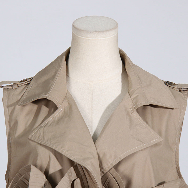 Khaki V-Neck Pleated Sleeveless Top
