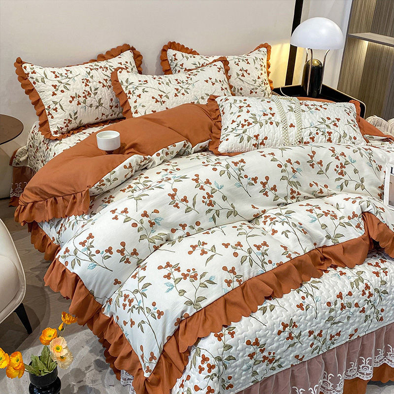 Class A mother and baby grade double-layer yarn washed cotton and linen three-piece set rural dormitory home bedding quilt cover bed sheet four-piece set