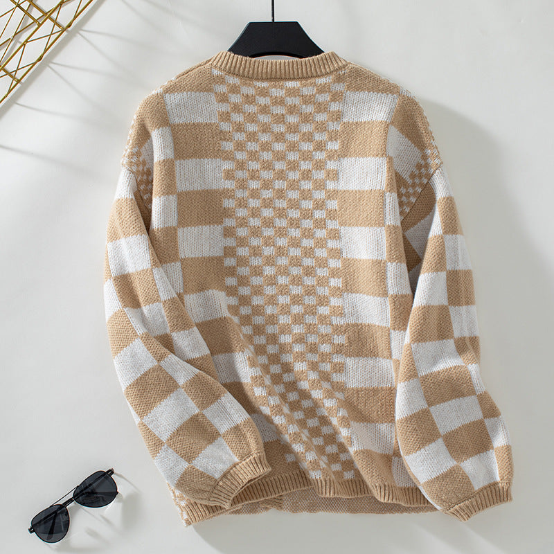 Loose V-Neck Plaid Knitted Cardigan