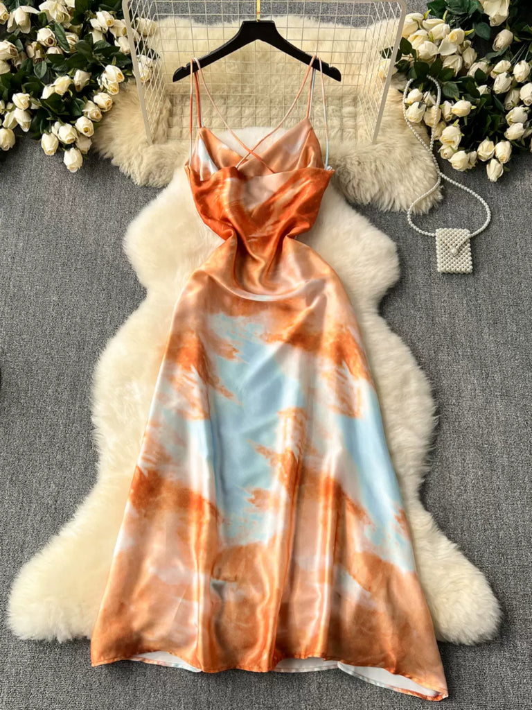 Orange Tie-Dye Cross Backless Side Zipper Midi Dress